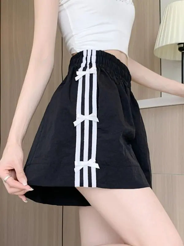 Black Striped Quick Drying Shorts Women'S Summer Thin Bow Loose Casual Sweatpants A-Line Slimming Wide-Leg Pants
