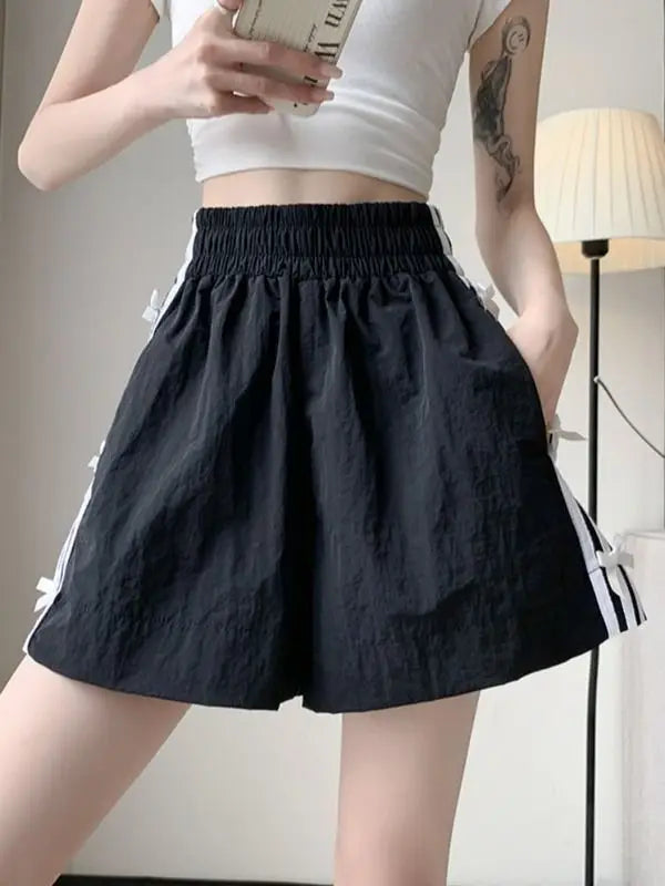 Black Striped Quick Drying Shorts Women'S Summer Thin Bow Loose Casual Sweatpants A-Line Slimming Wide-Leg Pants