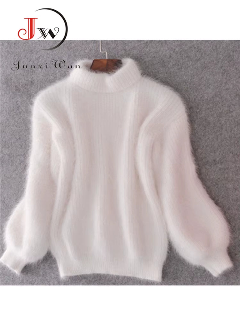 White Mohair Thicken Turtleneck Sweater Autumn Winter Sweet Fashion Lantern Sleeve Casual Solid Color Pullover Pull Femme