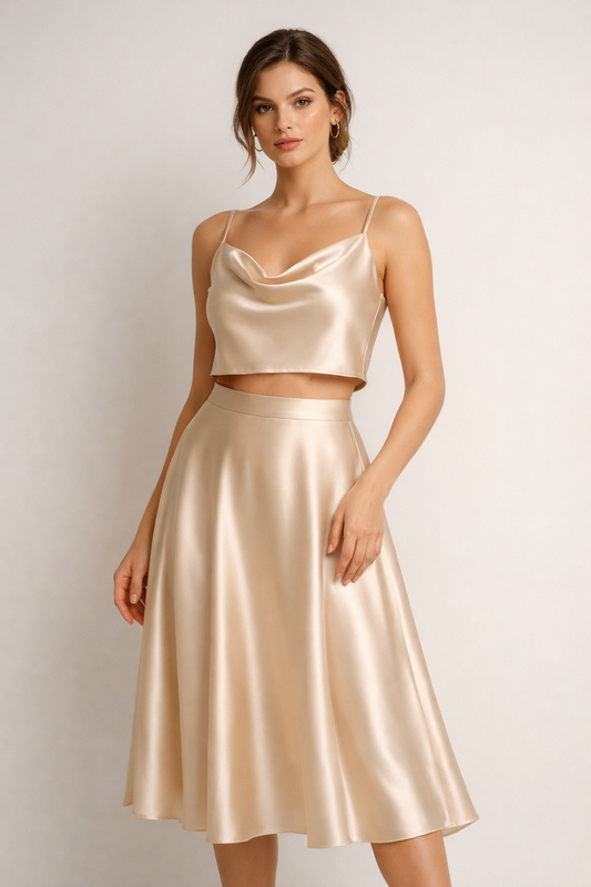 Conjunto Elegante de Dos Piezas LuxeVibe – Top Satinado y Falda Midi Fluida
