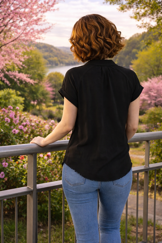 Umgee Full Size Frayed Hem Collared Neck Short Sleeve Shirt plus Size