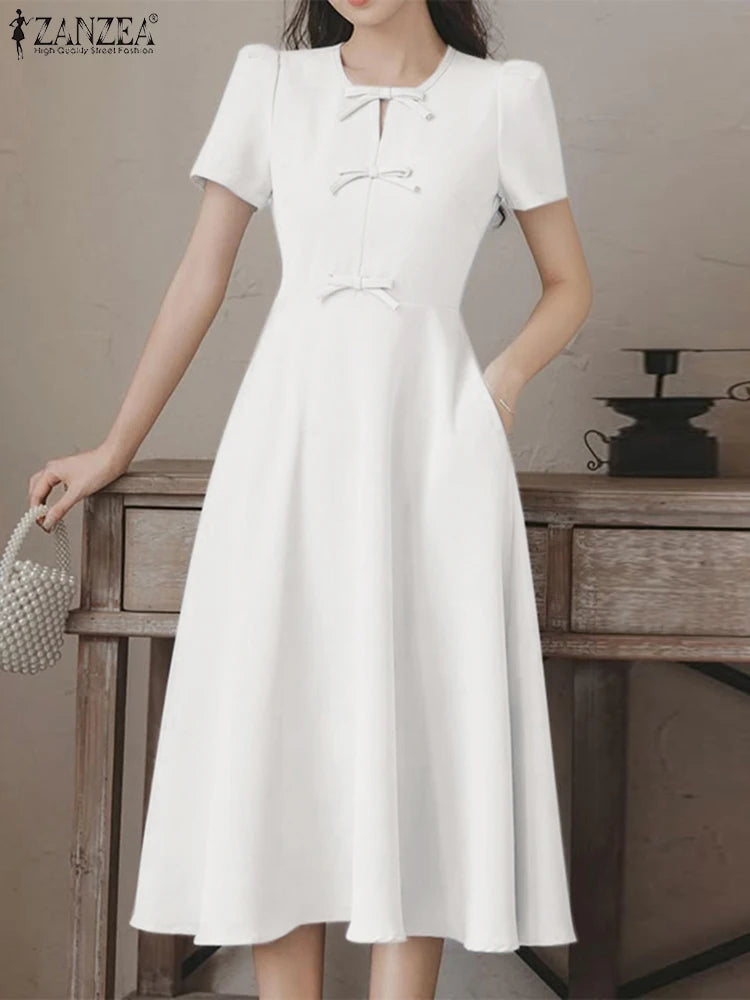 BlueWave Puff – Vestido Elegante con Manga Globo y Lazo Frontal