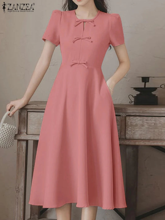 BlueWave Puff – Vestido Elegante con Manga Globo y Lazo Frontal