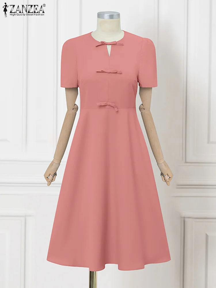 BlueWave Puff – Vestido Elegante con Manga Globo y Lazo Frontal