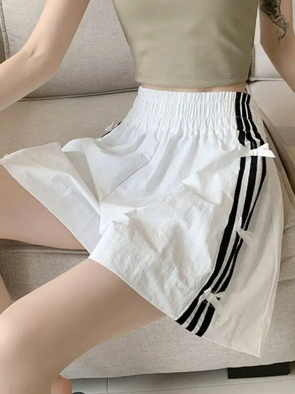 Black Striped Quick Drying Shorts Women'S Summer Thin Bow Loose Casual Sweatpants A-Line Slimming Wide-Leg Pants