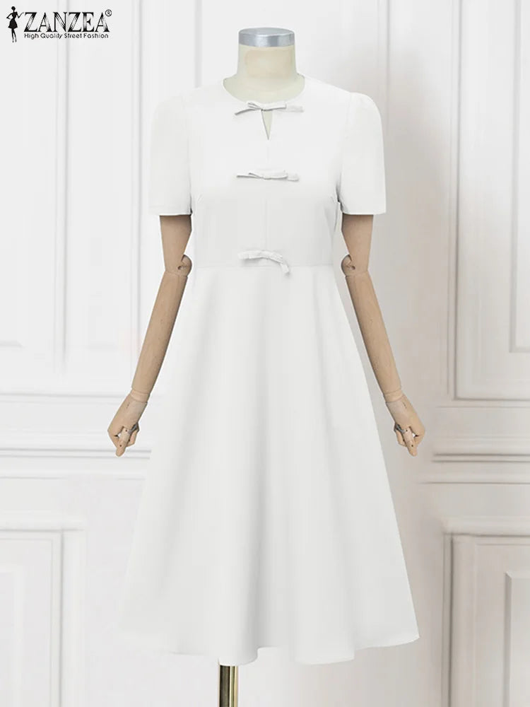 BlueWave Puff – Vestido Elegante con Manga Globo y Lazo Frontal