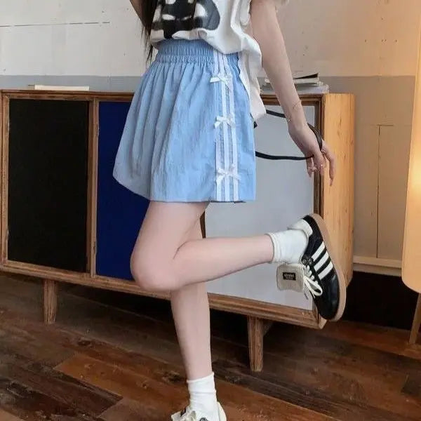 Black Striped Quick Drying Shorts Women'S Summer Thin Bow Loose Casual Sweatpants A-Line Slimming Wide-Leg Pants