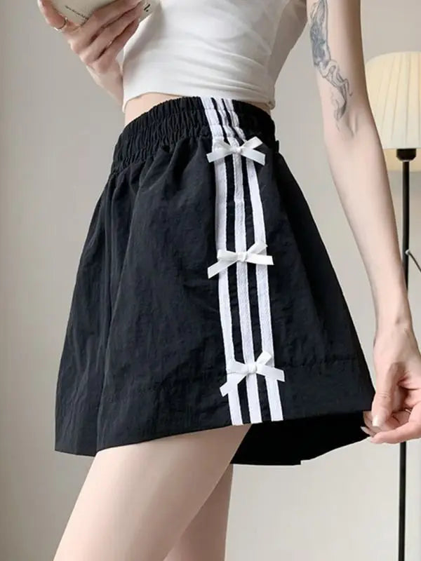 Black Striped Quick Drying Shorts Women'S Summer Thin Bow Loose Casual Sweatpants A-Line Slimming Wide-Leg Pants