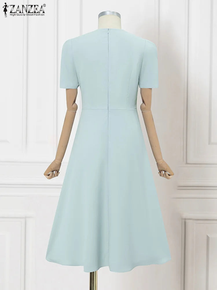 BlueWave Puff – Vestido Elegante con Manga Globo y Lazo Frontal