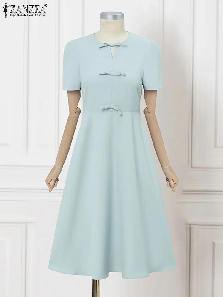 BlueWave Puff – Vestido Elegante con Manga Globo y Lazo Frontal