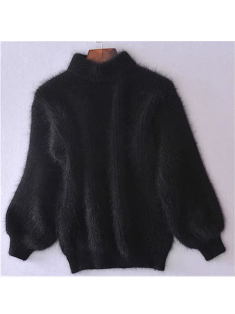 White Mohair Thicken Turtleneck Sweater Autumn Winter Sweet Fashion Lantern Sleeve Casual Solid Color Pullover Pull Femme