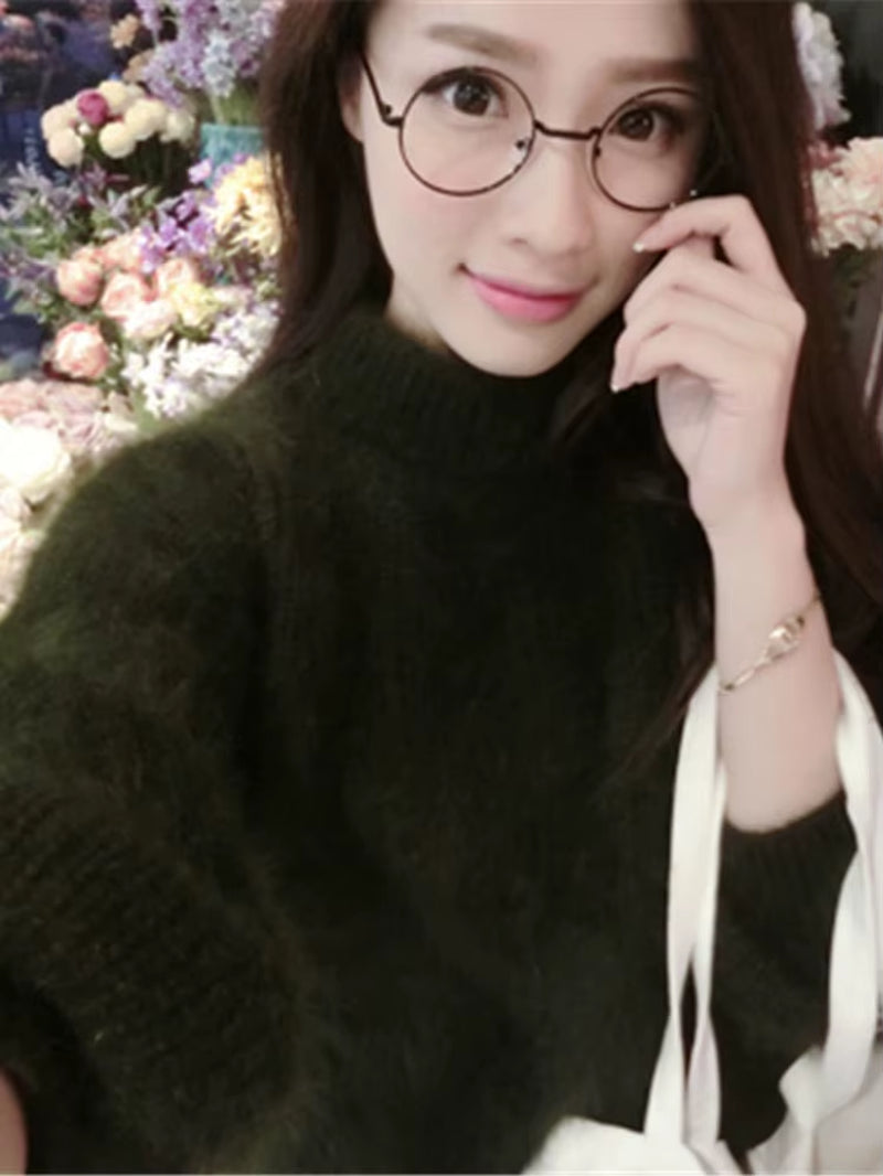 White Mohair Thicken Turtleneck Sweater Autumn Winter Sweet Fashion Lantern Sleeve Casual Solid Color Pullover Pull Femme