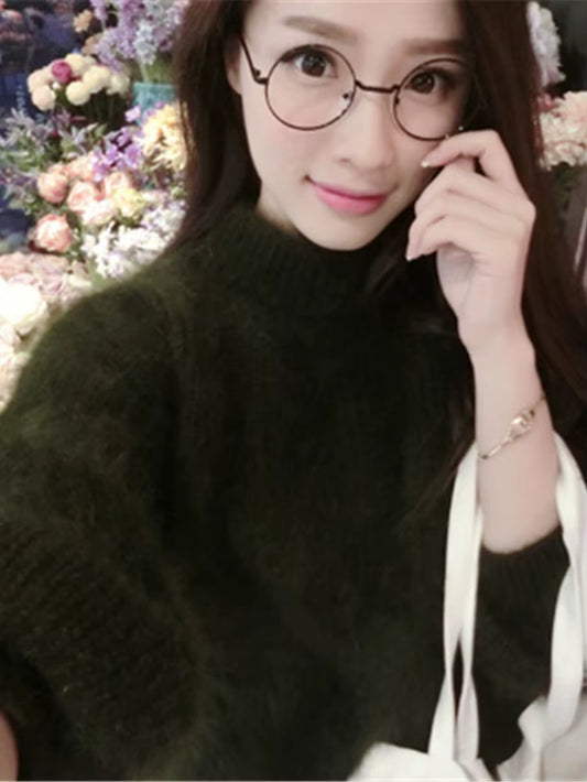 White Mohair Thicken Turtleneck Sweater Autumn Winter Sweet Fashion Lantern Sleeve Casual Solid Color Pullover Pull Femme