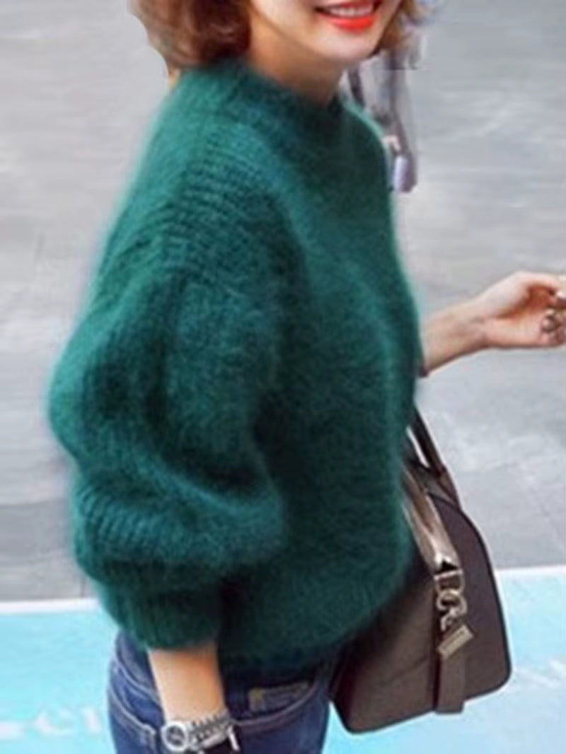 White Mohair Thicken Turtleneck Sweater Autumn Winter Sweet Fashion Lantern Sleeve Casual Solid Color Pullover Pull Femme